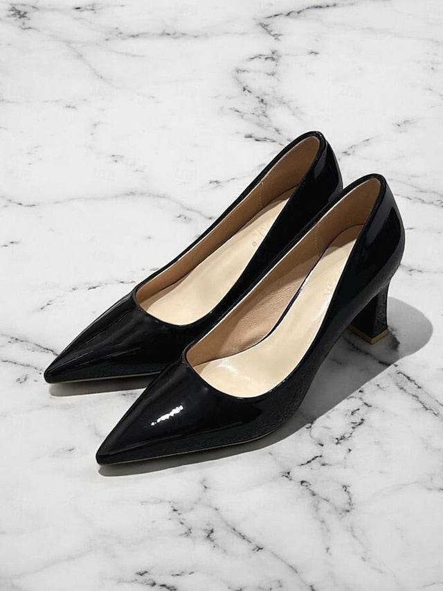 Faux Green Heel Leather Pointed-Toe Patent Block Glossy Pumps