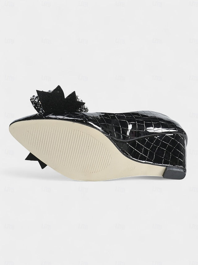 Bow Leather Glitter Black Patent with Wedge Heels Women's