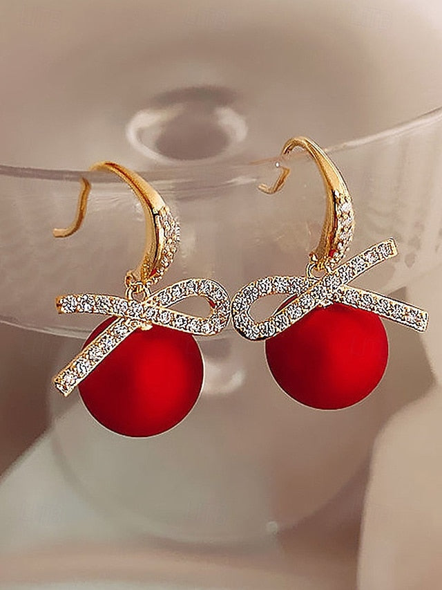 Bow Earrings Christmas Rhinestone with Pearl Women's and