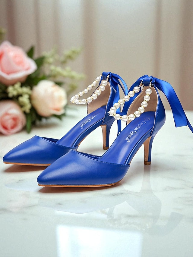 Ankle Bow Heel Pearl Women's Pumps Strap - Blue Kitten with