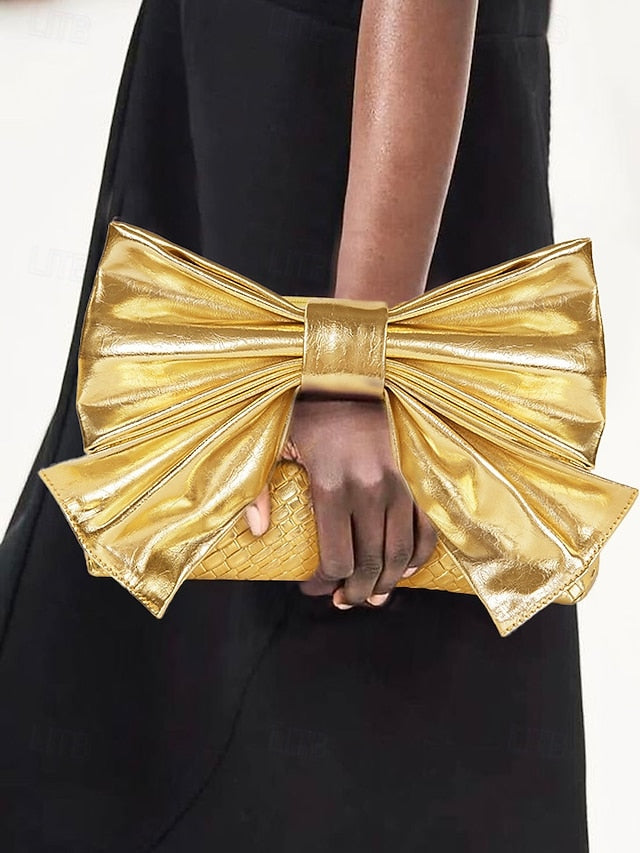 Gold Bow Oversized Women&#39;s with Bag Faux Clutch Leather