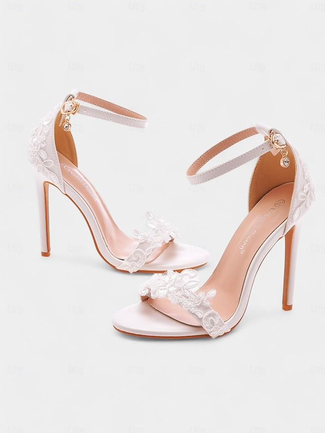 Women's White Wedding with Lace Ankle Heels Stiletto Strap