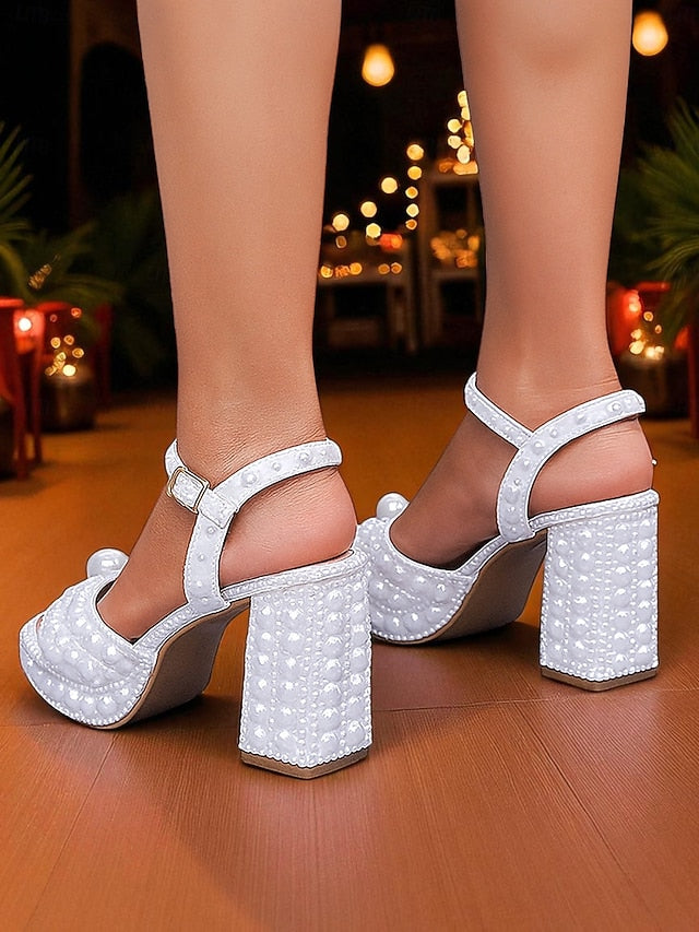Pearl Sandals Embellished White Block Platform Heel Women's