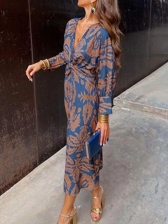 Women's Graphic Print V Neck Maxi Dress Long Sleeve Spring