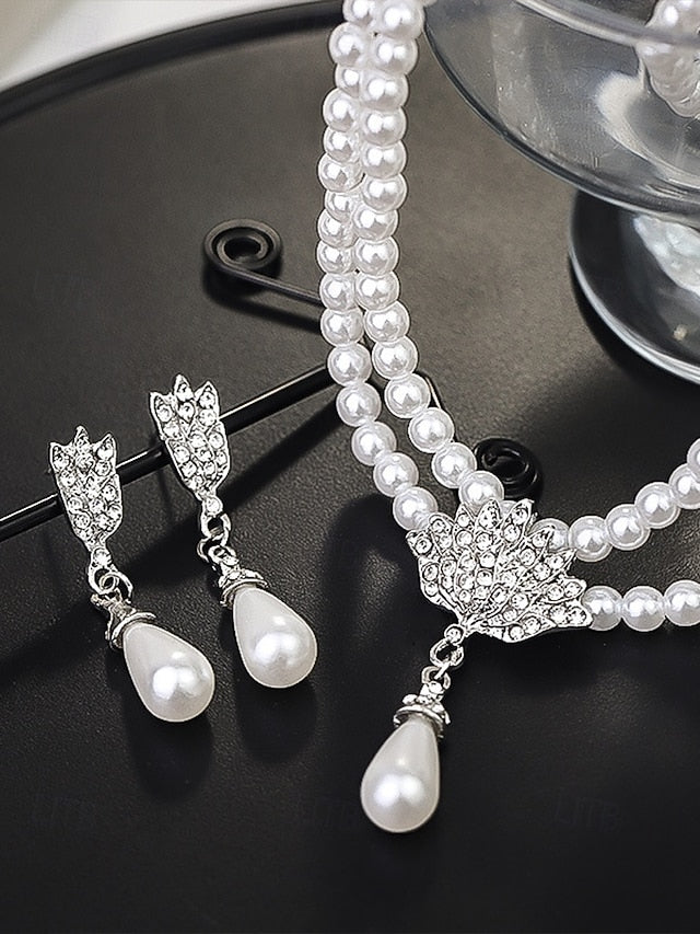 Bridal Jewelry Elegant Necklace Pearl Double-Layer – Set