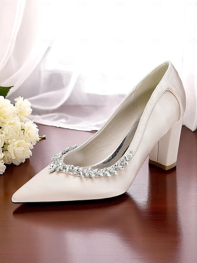 Satin Pumps Women's Pink Heel Wedding Block