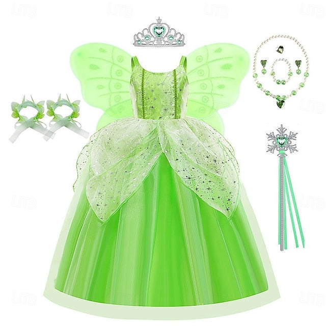 Tiana Fairytale Dress Girl Princess Theme Bell Tinker Flower