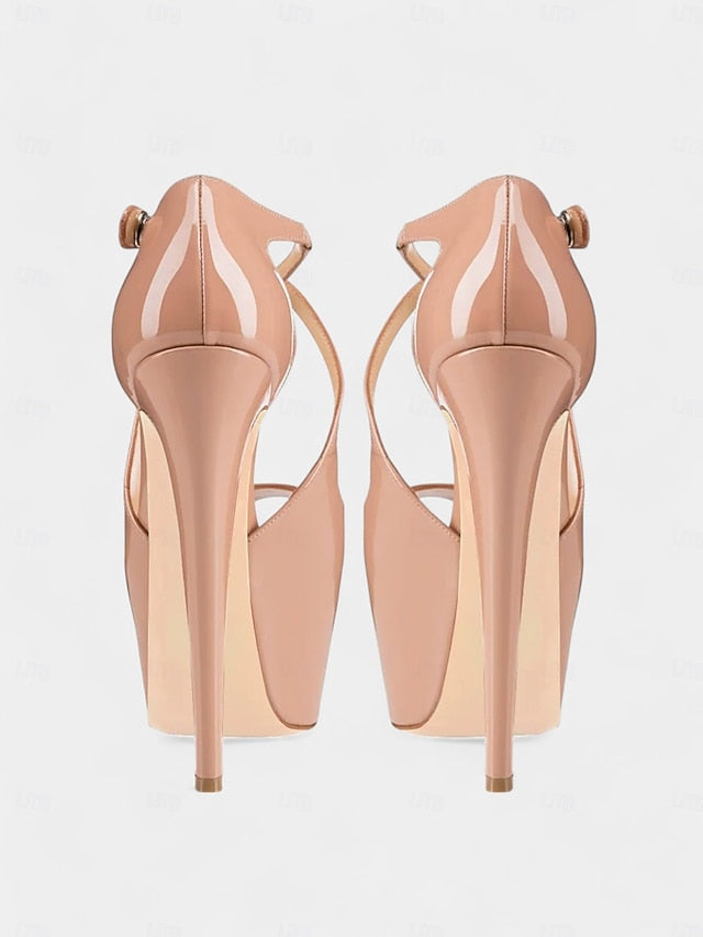 Stiletto Platform Cross with Patent Leather Black Red and Heels