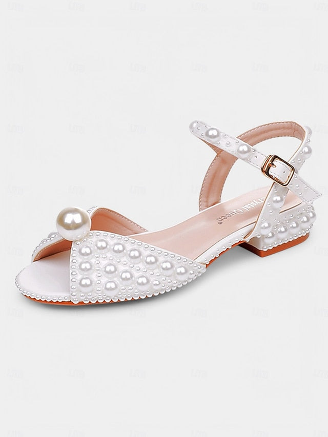 Heel White Sandals – Low Pearl-Embellished Women's