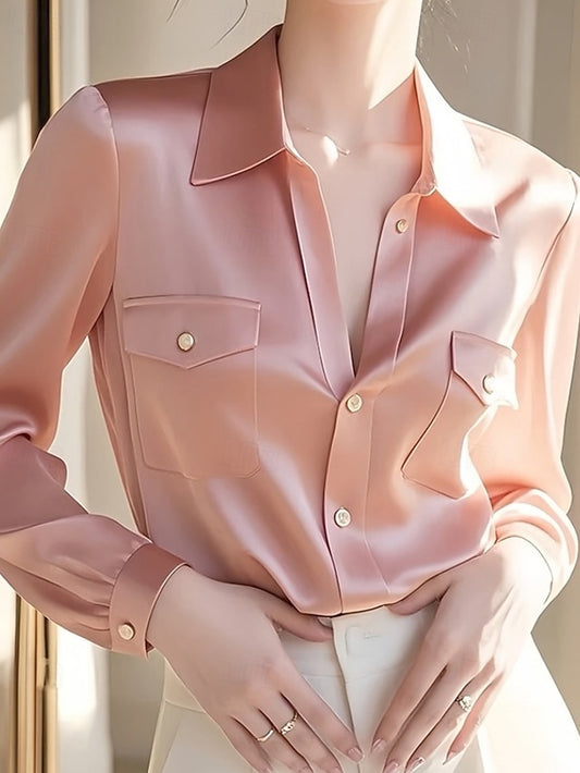 Women's Shirt Elegant Dressy Satin Top Pocket Buttons Plain