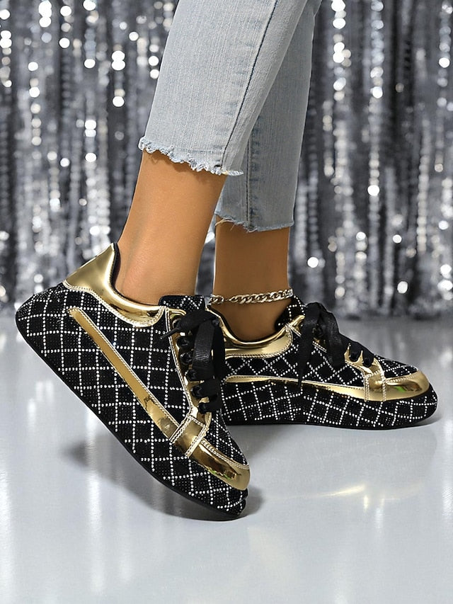 Quilted and Women's Rhinestone Silver Sneakers - Black