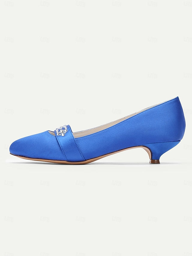 Kitten with Rhinestone Women's Blue Satin Heels