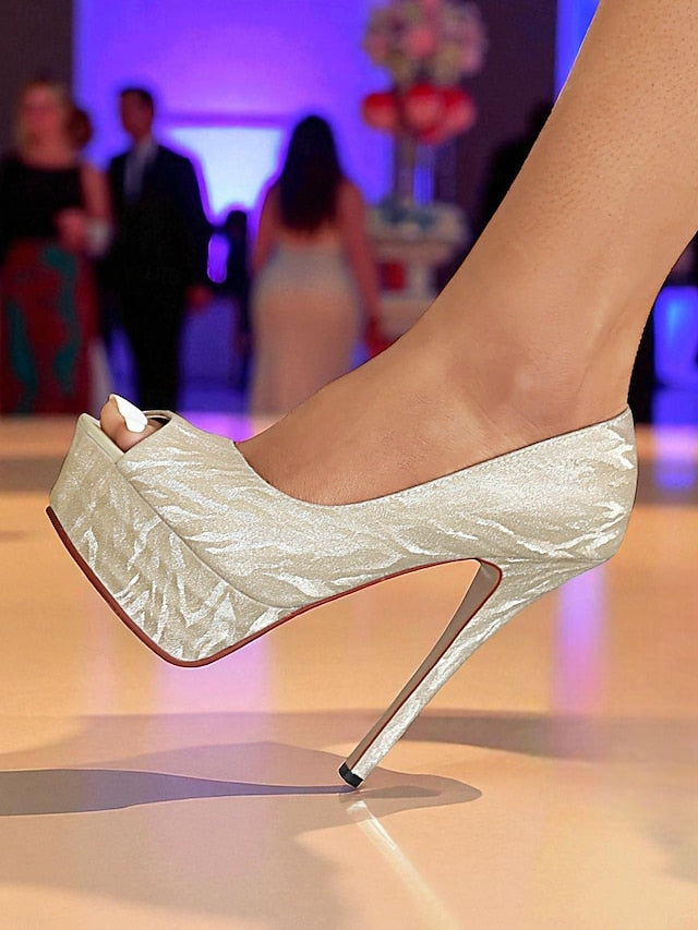 Women's Silver Peep-Toe Platform Subtle Pattern with Heels
