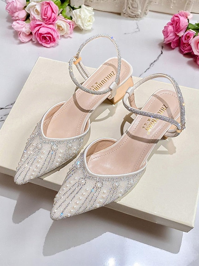 and Women's Toe Pointed Heels Pearl Ivory with Block