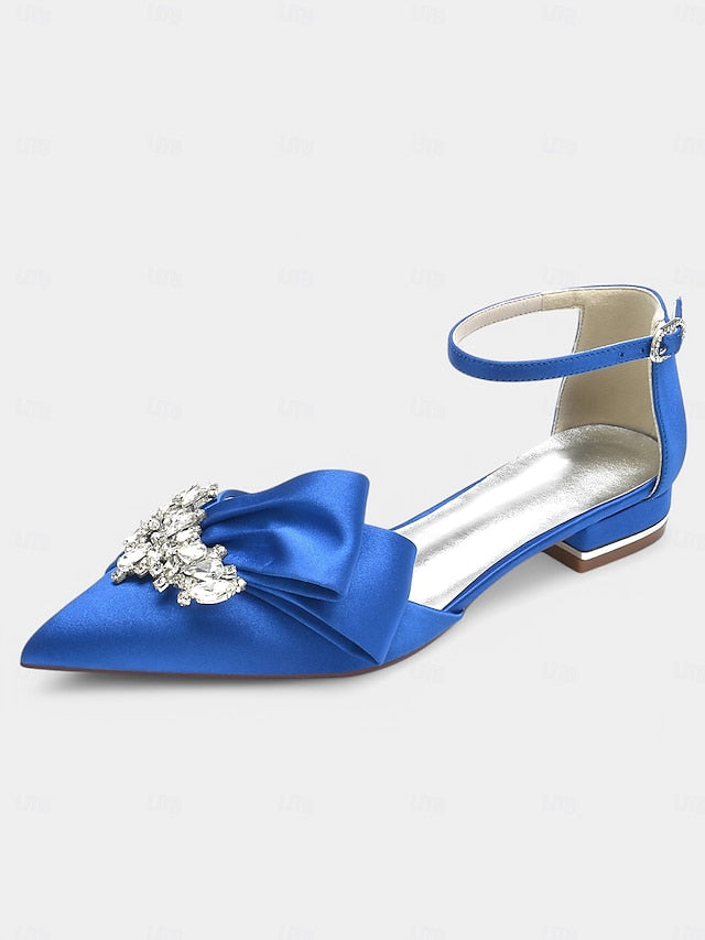 Rhinestone Pointed-Toe Heels Satin with Ankle White Bow and