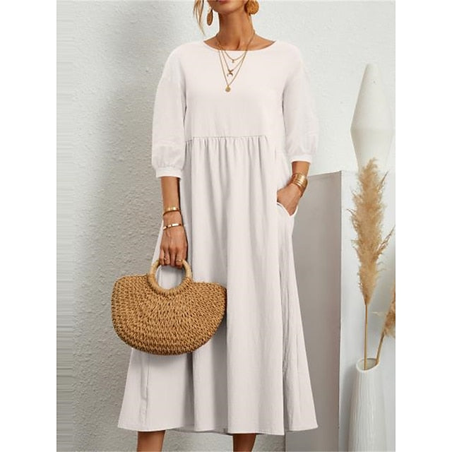 Women's Blue Black White Summer Spring Midi Dress Faux