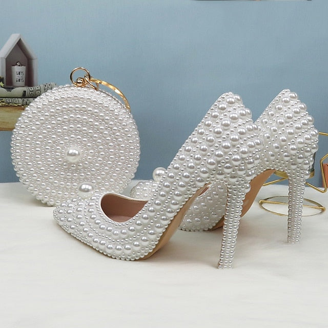 Set White Pearl Heels Pearl-Embellished Purse Stiletto and Round