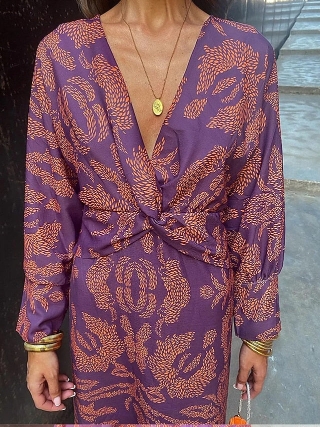 Women's Graphic Print V Neck Maxi Dress Long Sleeve Spring