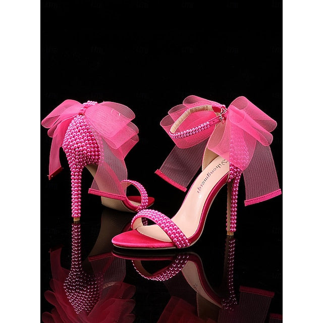 White Pearl Wedding Women's with Heels and Bow Embellished