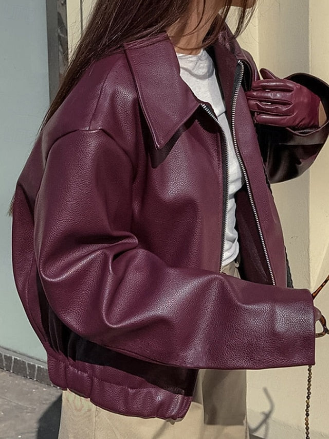 Leather Faux Pocket Jacket Women's Comfortable Zipper Warm