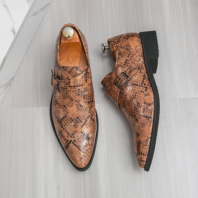 – Men Monk Classic Shoes Brown Strap Snake Print for Formal