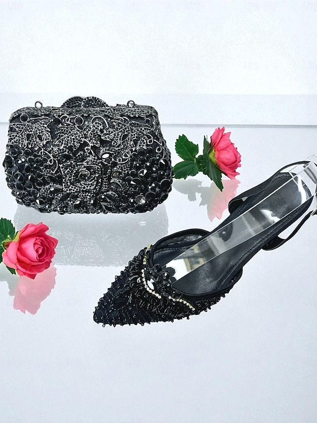 - Green Bag Heel Women's Set Clutch Shoes and Rhinestone