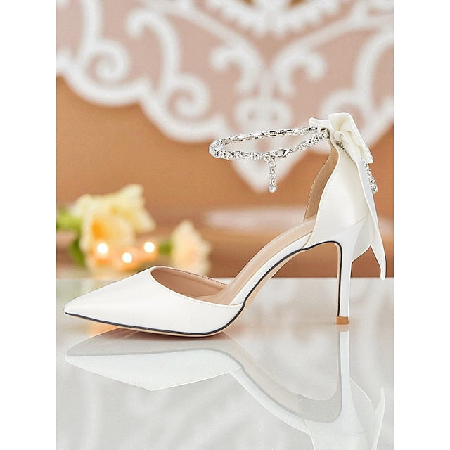 and Heels Pointed Ivory Bow Satin with Women's Toe Stiletto