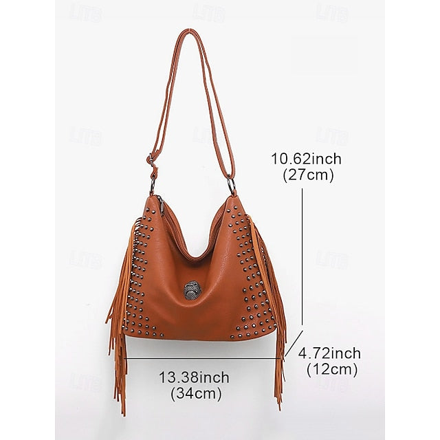 - Brown Leather Boho Studded Bag Women's Hobo Skull Fringe
