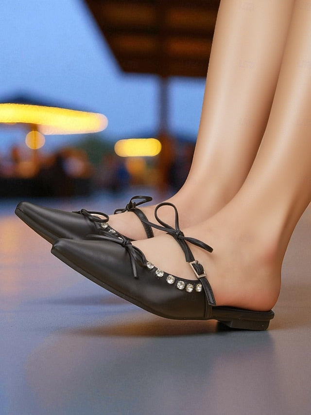 with Rhinestone Women's Pointed Toe Black Flats