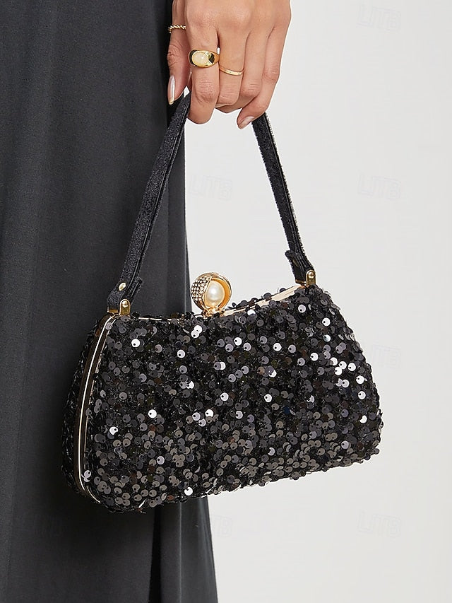 Black Accent Clutch Women's Evening with Sequin Pearl –