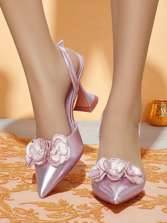 Satin Heels Floral Toe with Women's Pink Pointed