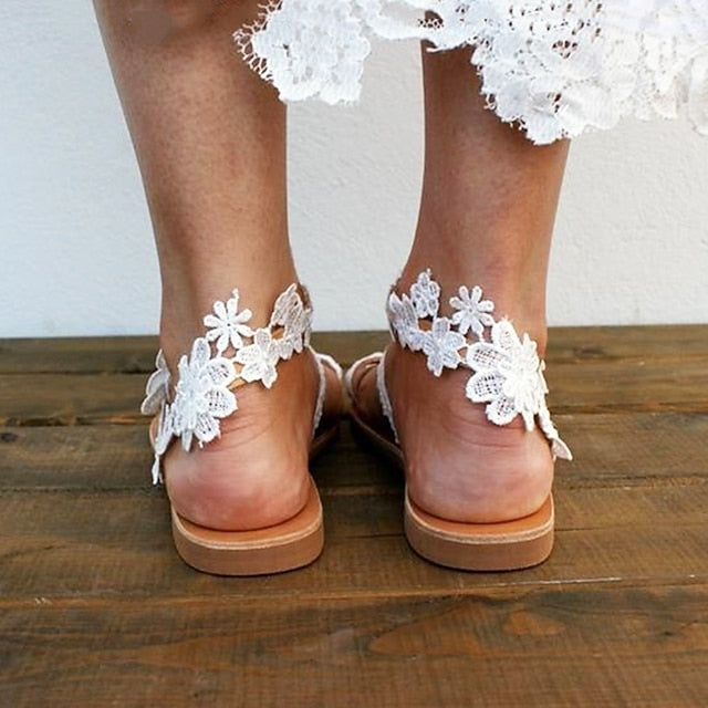 Floral Women's Sandals Flat with Bridal White Lace