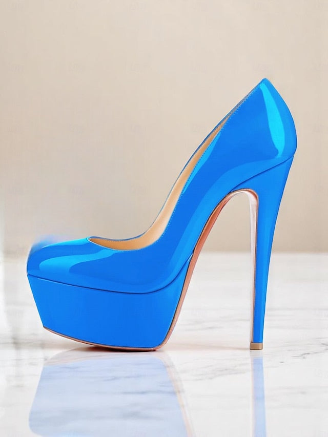 and Women's Patent Black Pointed-Toe Platform Heels with