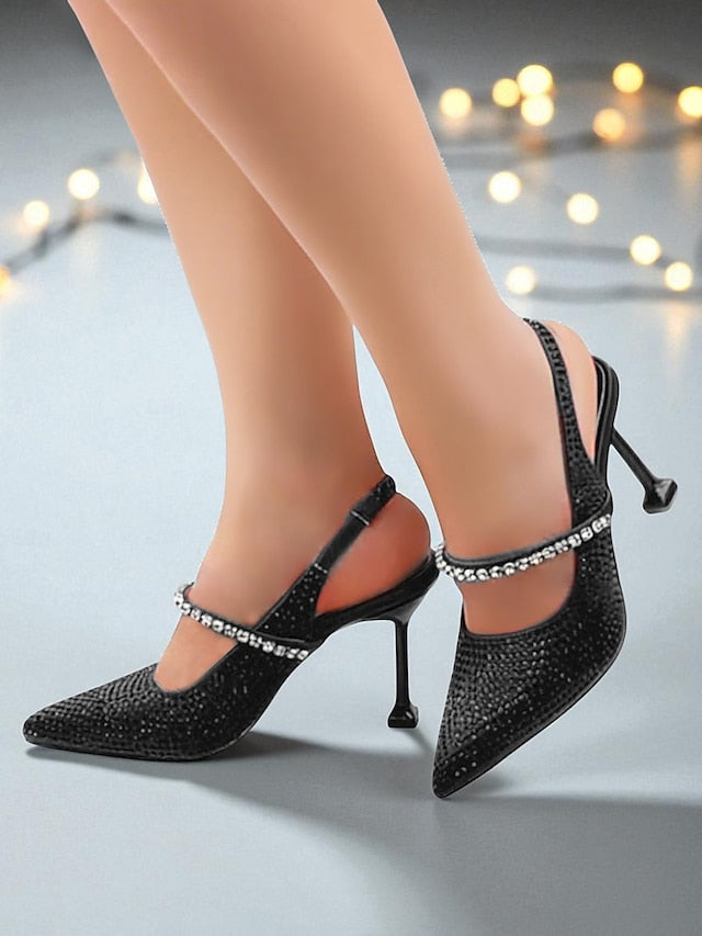 Women's Toe Gold Pointed Heels Sparkly Rhinestone -