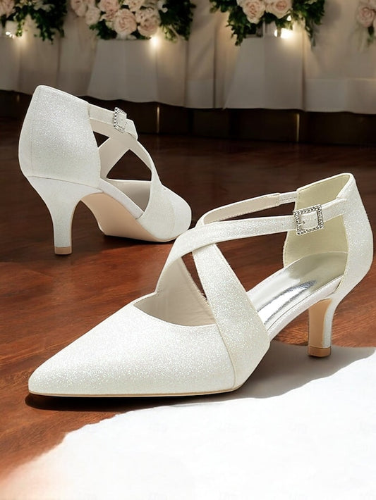 Strap Heels White Kitten Cross Buckle Glitter Rhinestone with