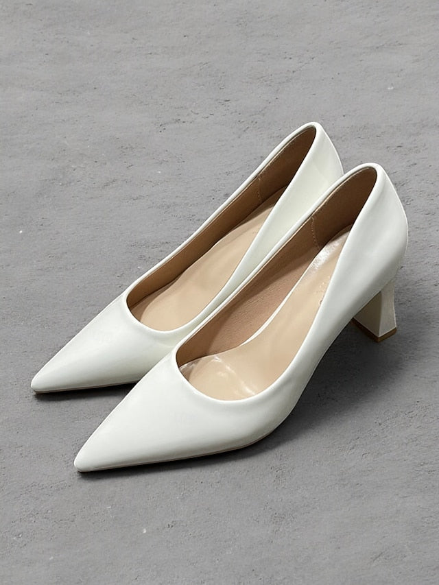 Faux Green Heel Leather Pointed-Toe Patent Block Glossy Pumps