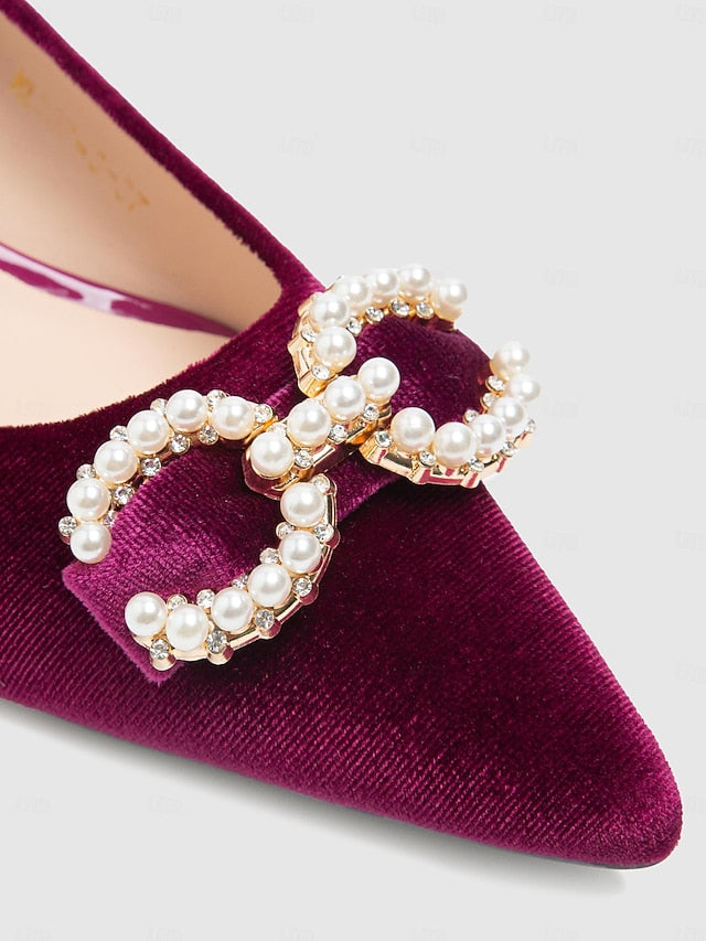Women's Burgundy Kitten Bow Pumps Heel with Velvet - Pearl