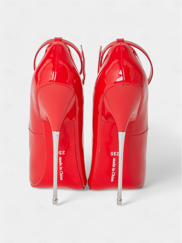 Heels Patent Leather Stiletto Ankle Women's with Red Strap