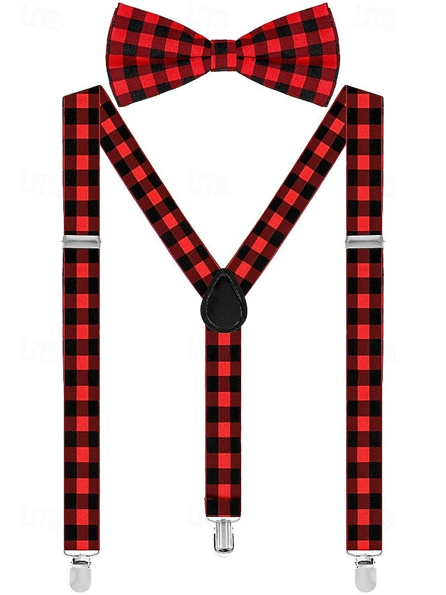 Adjustable Plaid Christmas Bow Set and Suspender Men's Tie