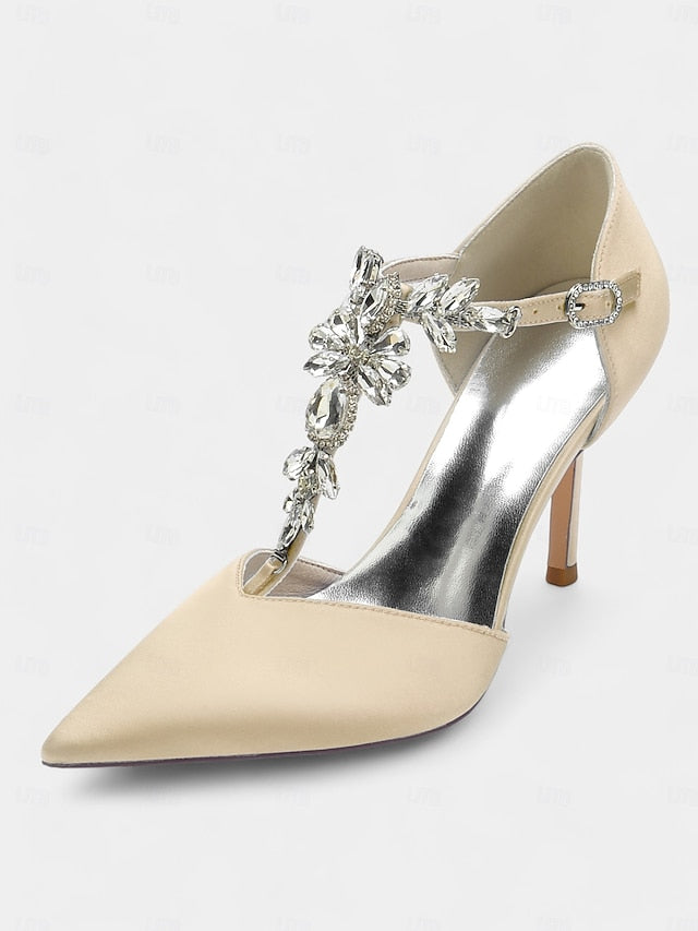 Toe Women's Satin Navy T-Strap Blue Pointed – Heels