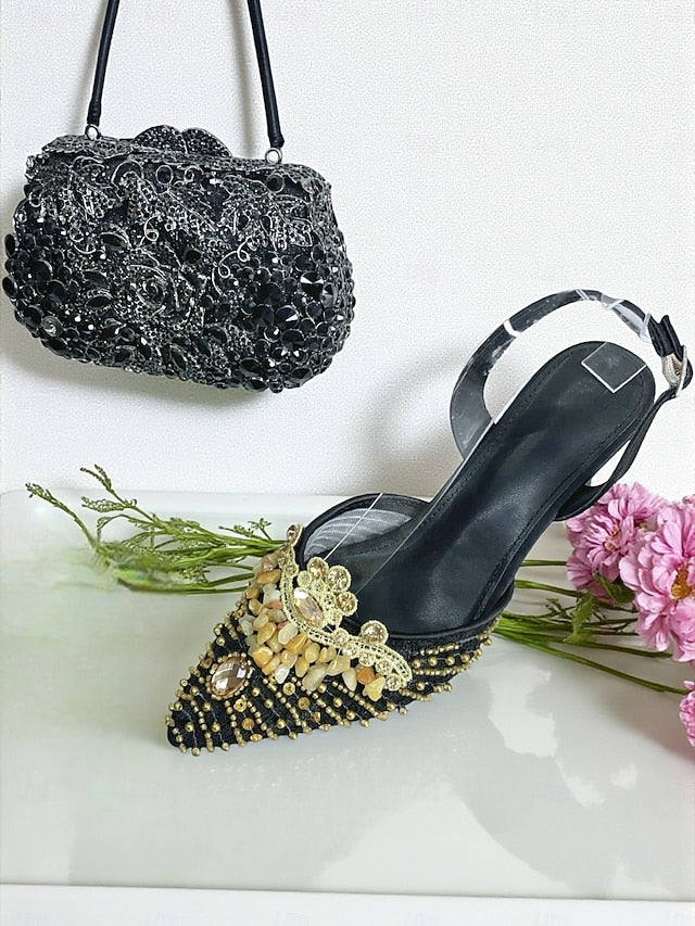 - Green Bag Heel Women's Set Clutch Shoes and Rhinestone