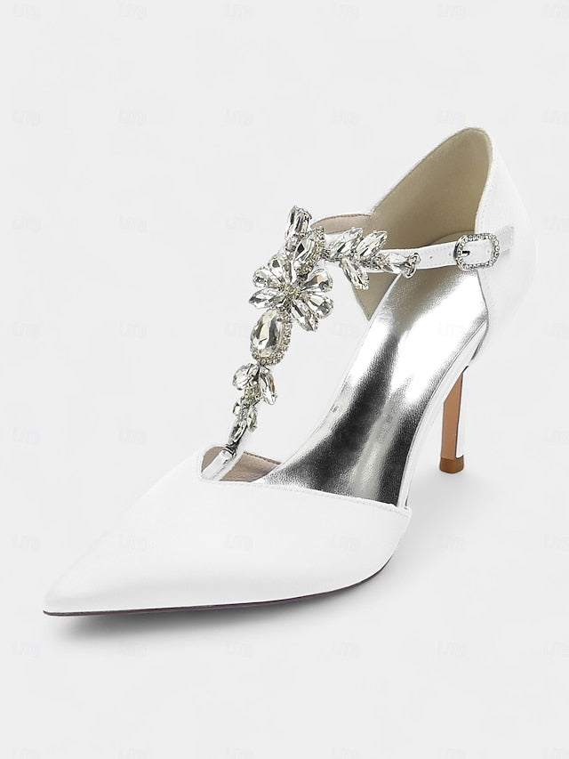 – Heels Satin Women's T-Strap Navy Blue Pointed Toe