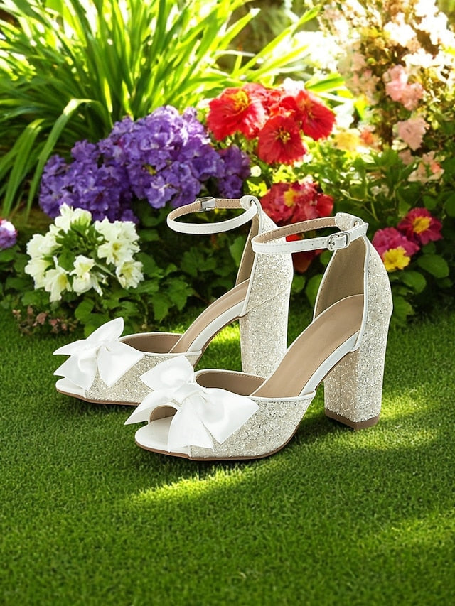 Glitter Women's Block with White Heel Wedding Ankle Sandals