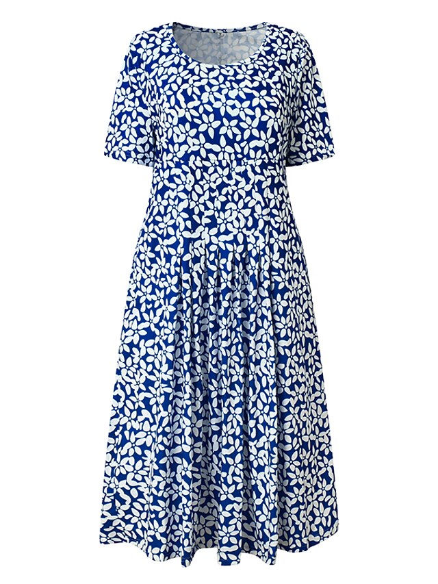 Women's Casual Dress Midi Dress Blue Short Sleeve Floral