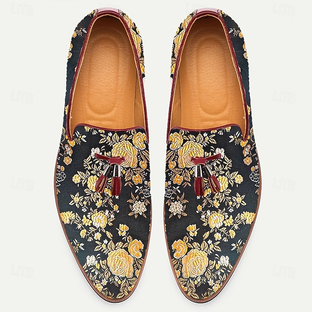 Men's for Loafers with Pattern Jacquard Floral Tassels