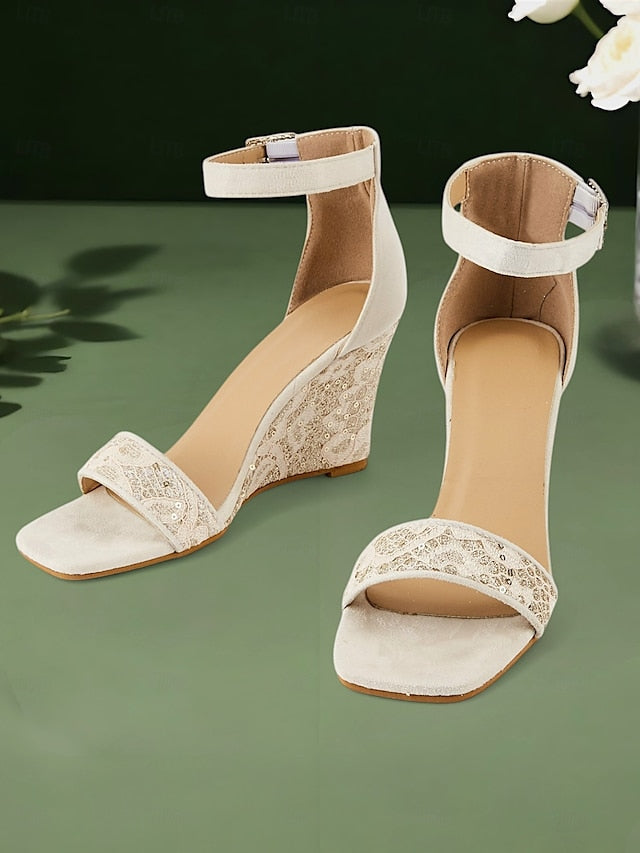Stylish Lace White Sandals Heel – Strap Ankle Women Wedge for