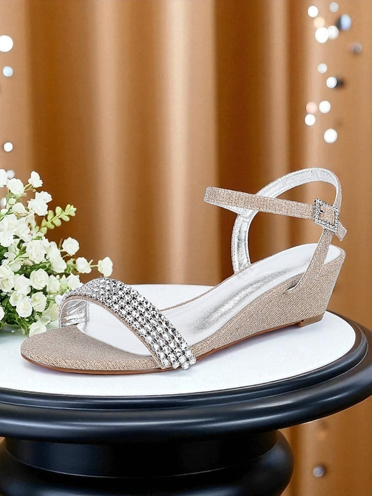 Toe Champagne Sandals Rhinestone - Wedge Open Women's