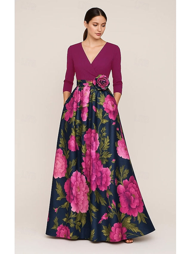 A-Line Bride Mother Floral Gown Elegant of Print Evening the