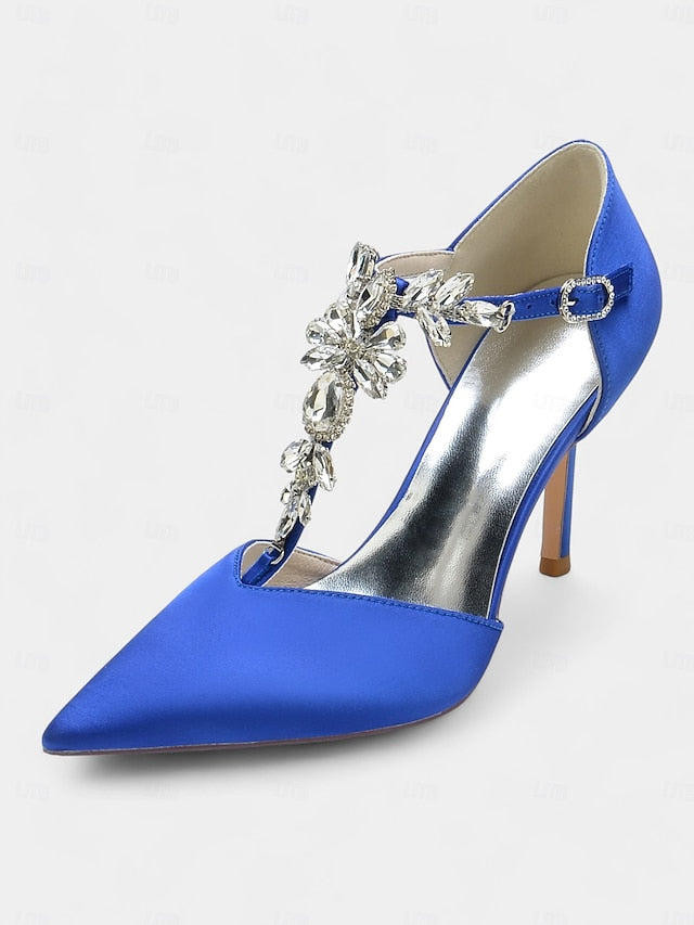 Toe Women's Satin Navy T-Strap Blue Pointed – Heels