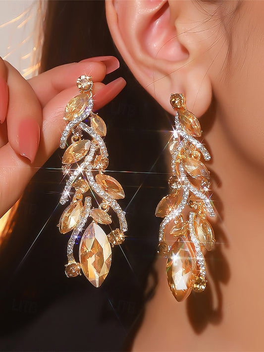 Gold Crystal Earrings Leaf Design Elegant - Women's